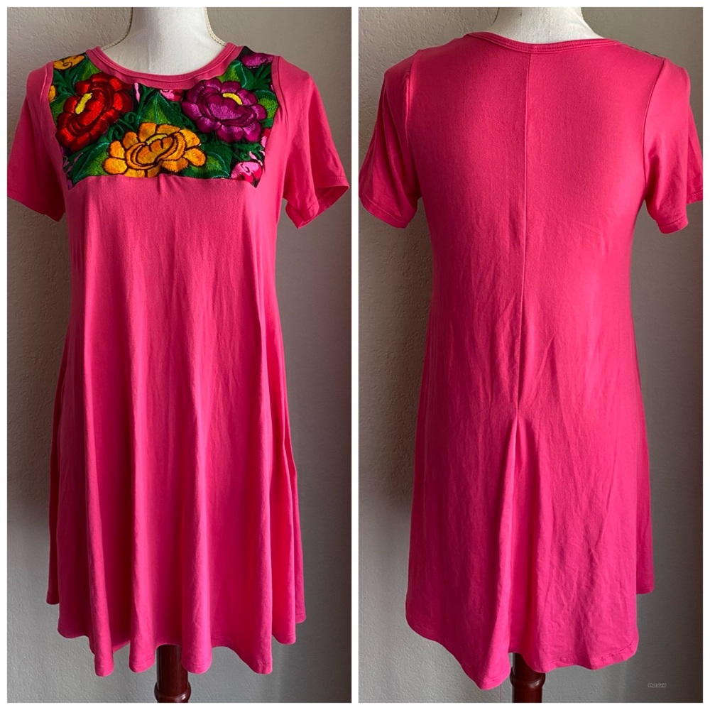 Vibrant Pink Women’s Dress with Floral Embroidery